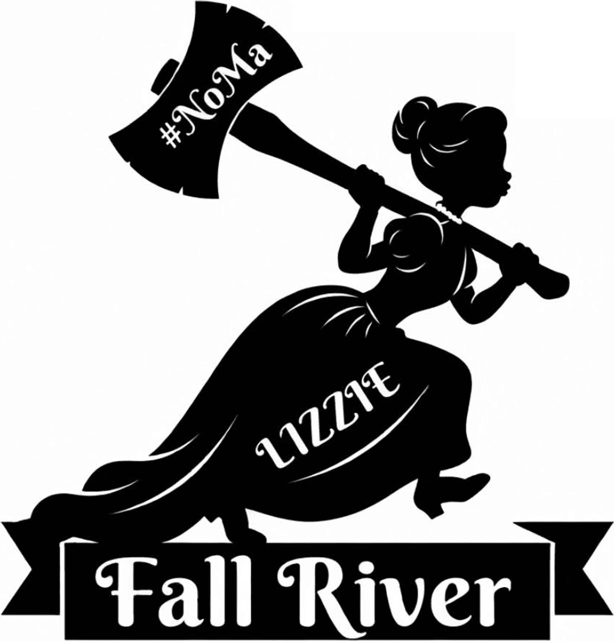 Hidden Lizzie sticker: a silhouette of Lizzie Borden running with a #NoMa axe over her shoulder above a Fall River banner